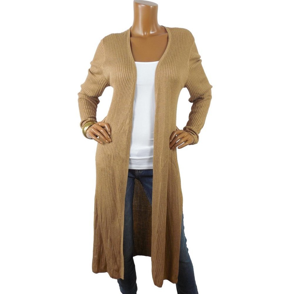 INC Top XL Long Ribbed Cardigan Tan Casual Side Slits Long Sleeve Lightweight